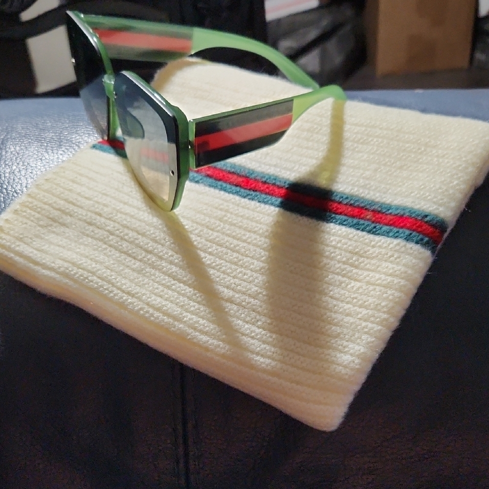 Green Sunglasses with Cream Knit Neck Warmer